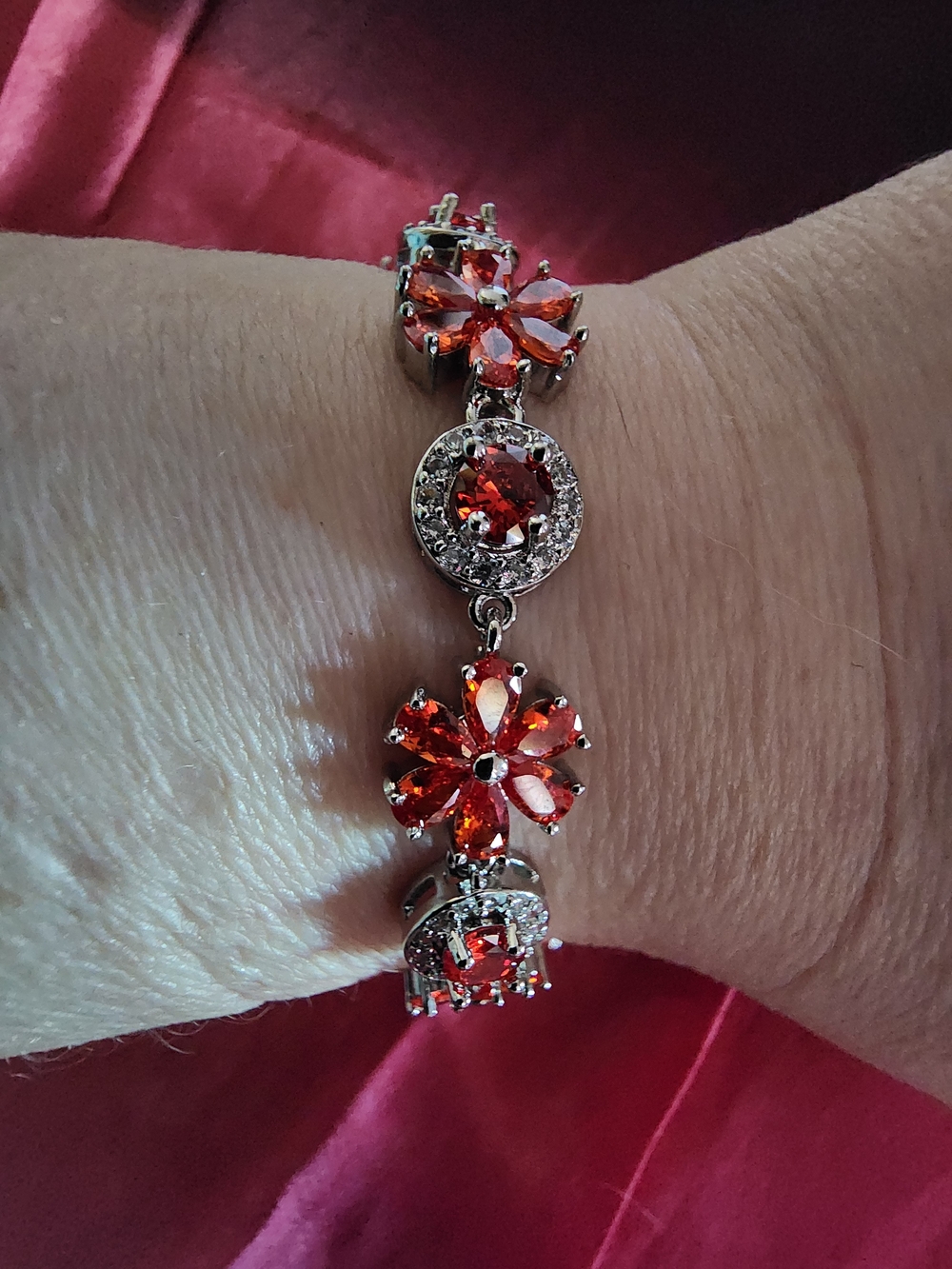 Silver Bracelet with Red Flower Gemstones